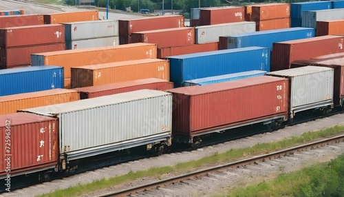 Freight train, transportation of railway cars by cargo containers shipping. Railway logistics concept created with generative ai