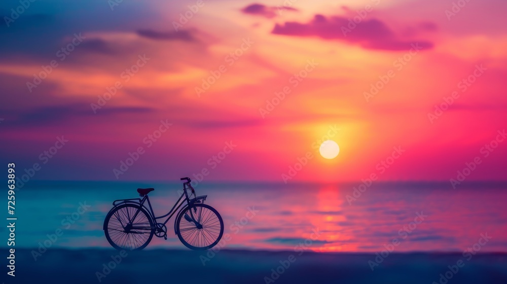 Beach bicycle journey, silhouette in colorful sunset backdrop
