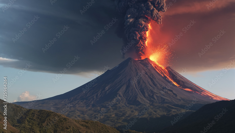 Erupting volcano with flowing lava