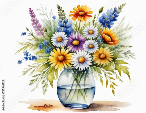 Bouquet of wild flowers in a vase. Watercolor style.