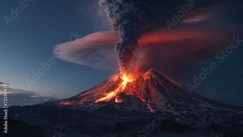 Erupting volcano with flowing lava