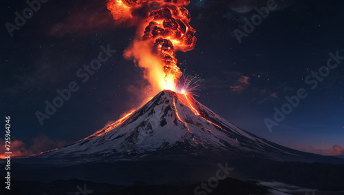 Erupting volcano with flowing lava