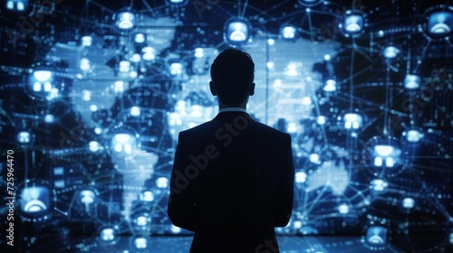 Businessman with virtual social network display, computer backdrop © Lucija