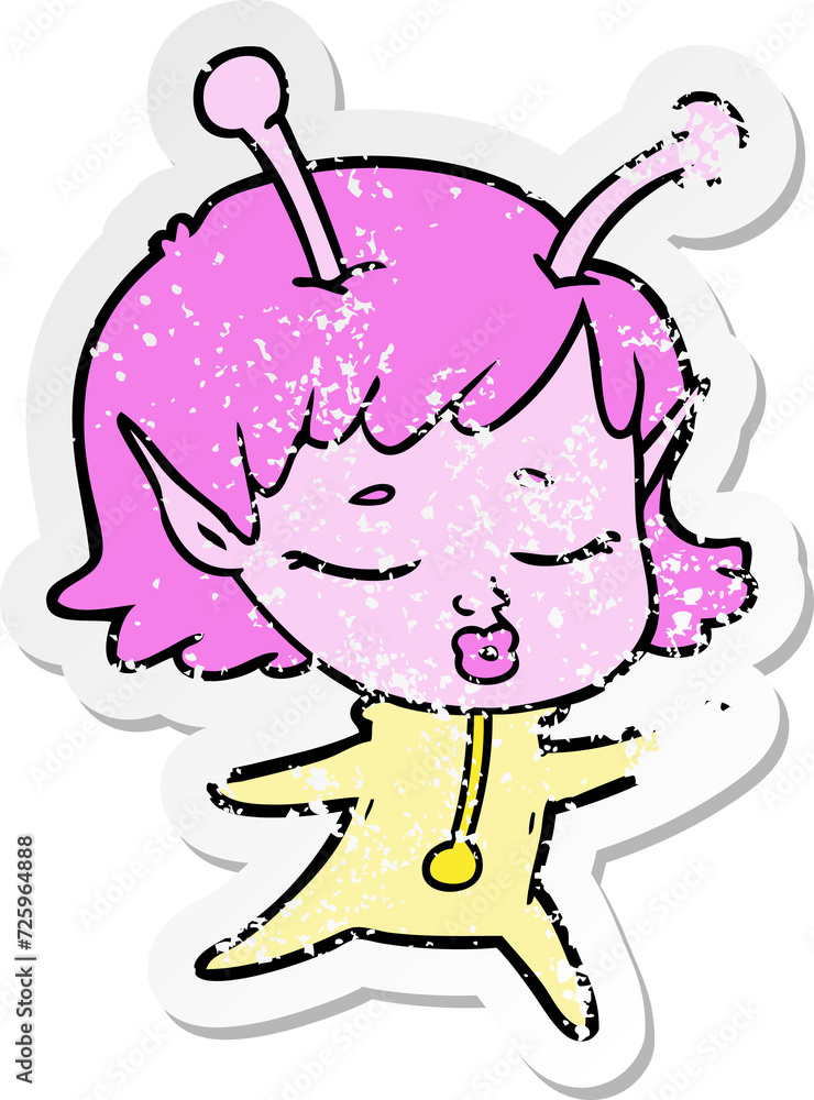 distressed sticker of a cartoon alien girl distressed sticker of a cartoon alien girl
