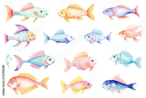 Colorful fishes, each with its unique pattern and size. They are drawn in a watercolor style and set against a white background.