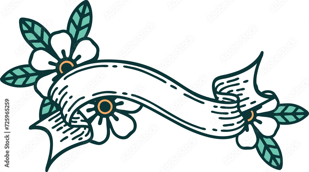 tattoo style icon of a banner and flowers tattoo style icon of a banner and flowers