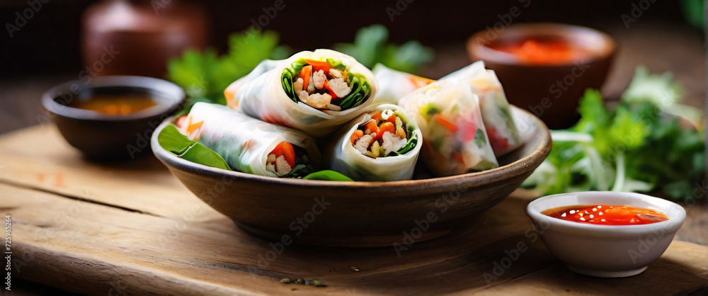 A vibrant array of spring rolls on a rustic wooden table. The spring rolls are filled with fresh, colorful vegetables, and a side of tangy dipping sauce in a small, round bowl