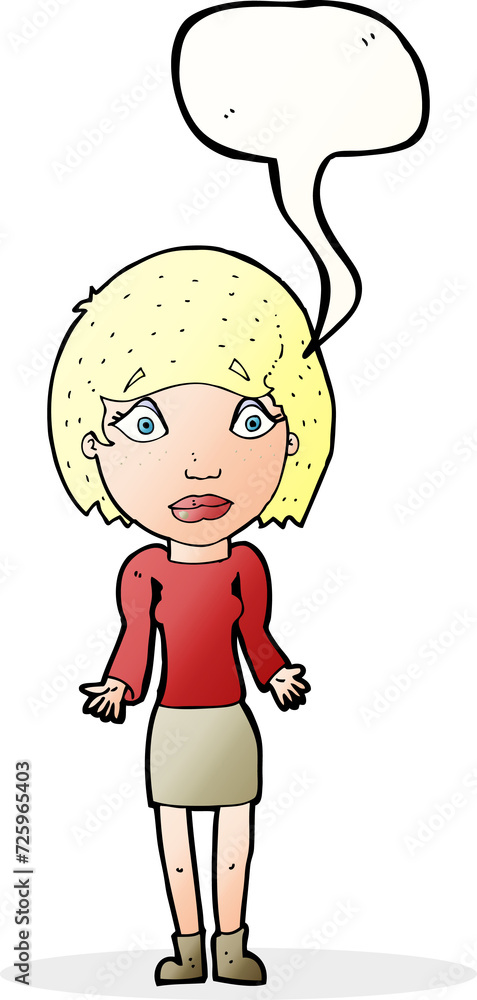 cartoon woman shrugging shoulders with speech bubble cartoon woman shrugging shoulders with speech bubble