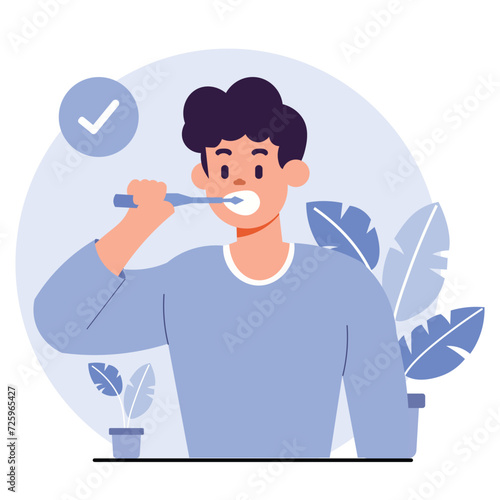 Teenage boy at home, surrounded by plants, brushing his teeth before going to the dentist, wearing a blue sweater. Cool color scheme with a home background. Character Illustration.