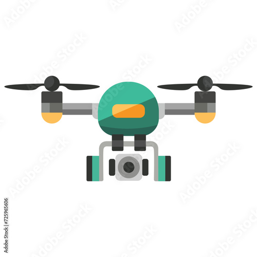 Green drone robot with helicopter propellers, a farm fertilizer, equipped with a camera for taking aerial photos, used by professional photographers. Technology vector illustration.