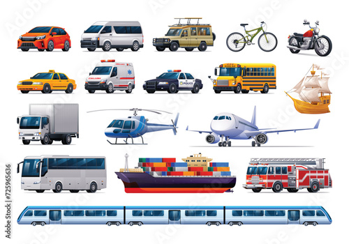 Set of transportation vehicles. Various kinds of vehicles. Vector cartoon illustration