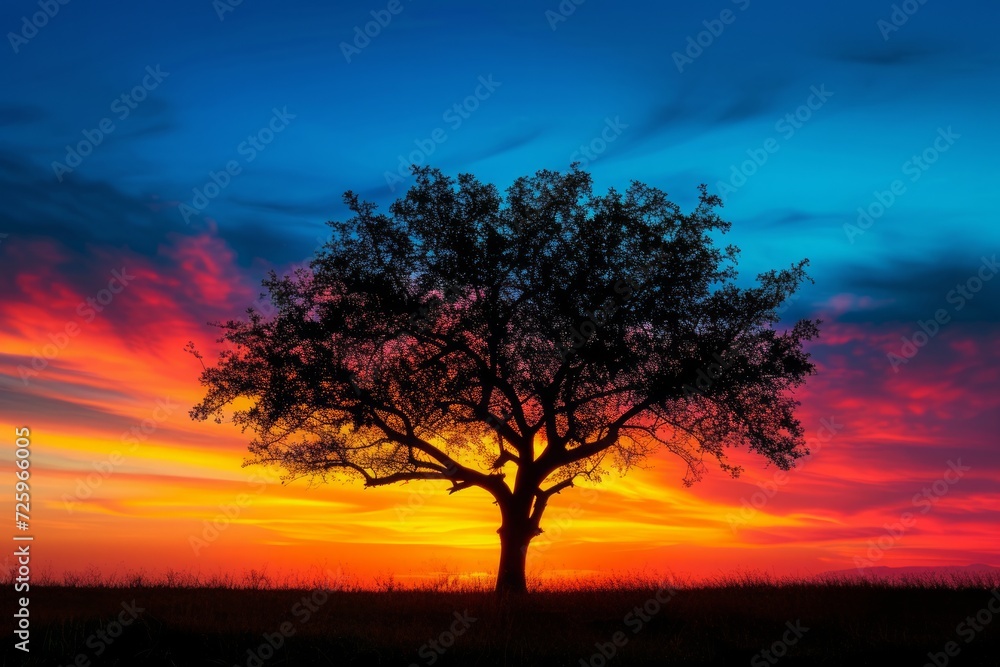 Silhouette of a lone tree against a vivid sunset, portraying the breathtaking beauty of nature.
Silhouette of a lone tree against a vivid sunset, portraying the breathtaking beauty of nature.