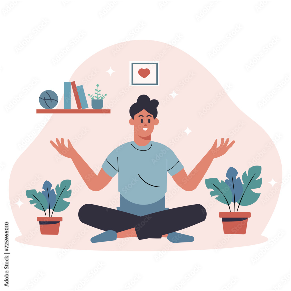 Teenage and adult man practicing yoga, sitting and stretching his arms in the living room, smiling and relaxed. Healthy and sporty lifestyle at home. Vector illustration in a cartoon style. Teenage and adult man practicing yoga, sitting and stretching his arms in the living room, smiling and relaxed. Healthy and sporty lifestyle at home. Vector illustration in a cartoon style.