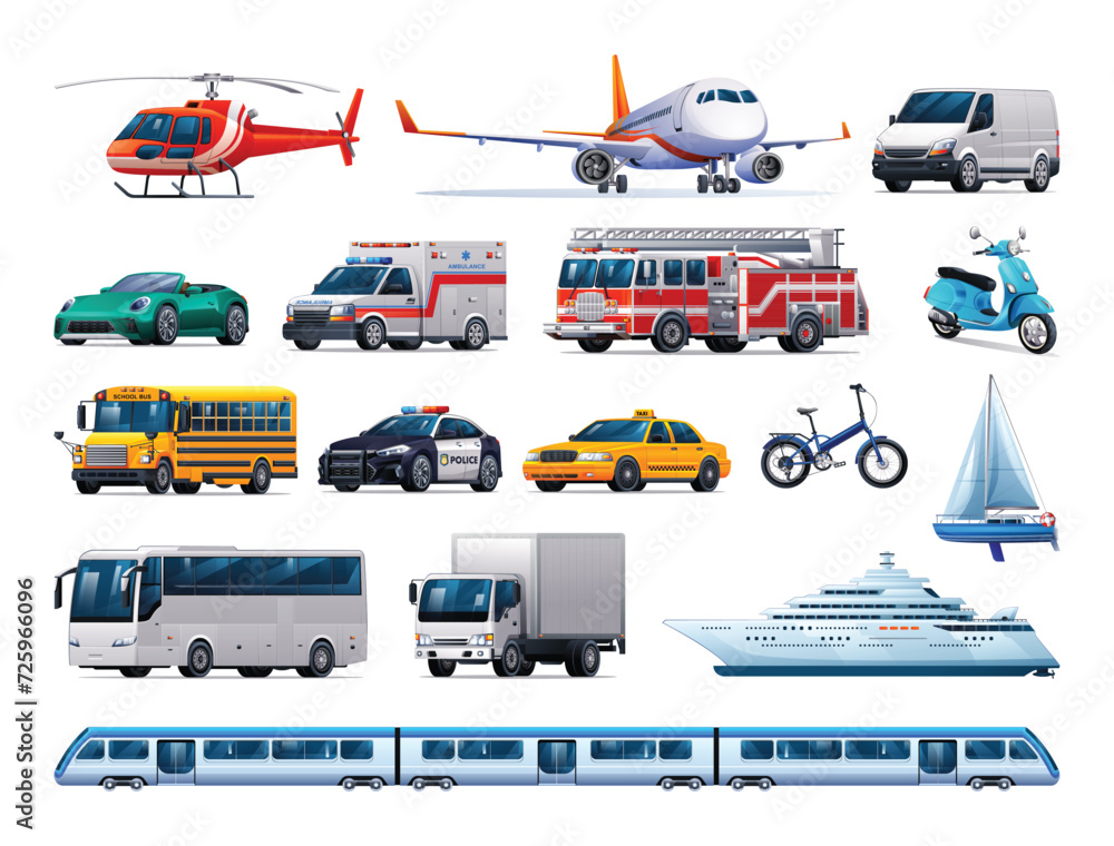 Set of vehicles. Collection of various kinds of transportation. Vector cartoon illustration