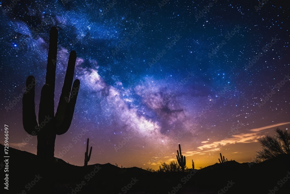 Majestic night sky over a desert with silhouetted cacti, showcasing the Milky Way in vibrant colors

