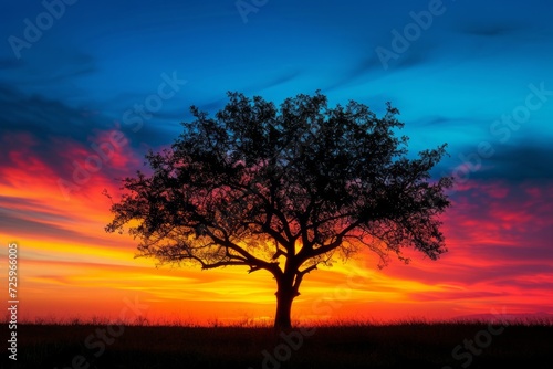 Silhouette of a lone tree against a vivid sunset, portraying the breathtaking beauty of nature.