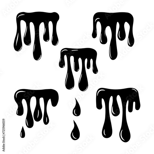 Vinyl graffiti stencil of a black silhouette of melting chocolate ice cream, with paint dripping and water droplets due to heat, featuring shiny details. Vector illustration.