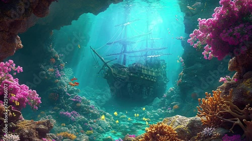 Illustration of pirate ship under the sea with corals and fish Seamless looping 4k time-lapse virtual video animation background. Generated AI photo