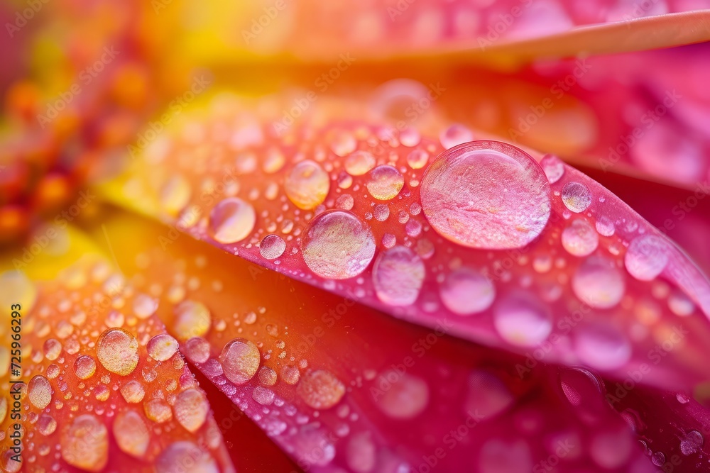Vibrant macro shot of water droplets on a crimson petal surface

