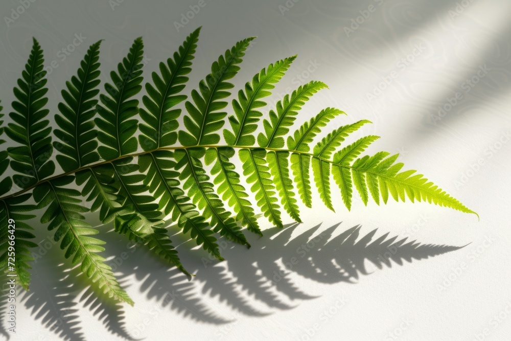 Vibrant green fern leaf with dramatic shadows on a white background

