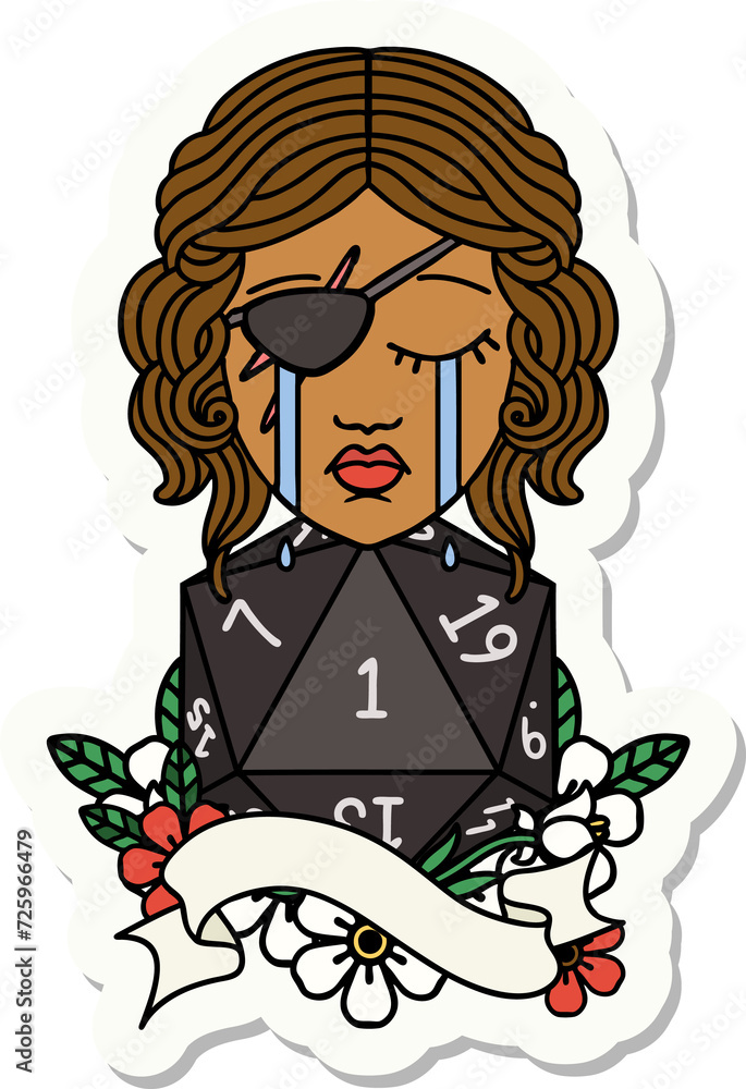 crying human rogue with natural one D20 roll sticker crying human rogue with natural one D20 roll sticker