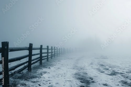 Misty winter scene with a wooden fence leading into the unknown, a metaphor for solitude and contemplation.   © Kishore Newton