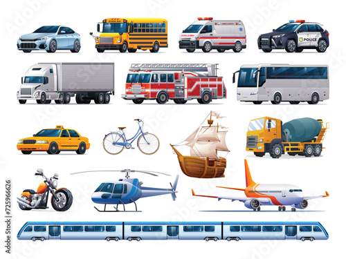 Set of city transportation vehicles. Collection of various kinds of vehicles. Vector cartoon illustration