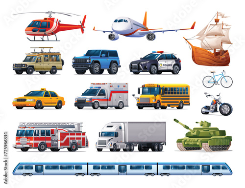 Set of transportation vehicles. Collection of various kinds of vehicles. Vector cartoon illustration