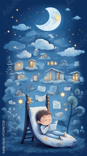 The boy fell asleep in bed with a book in his hands. In the background there is a month, stars, houses and trees.