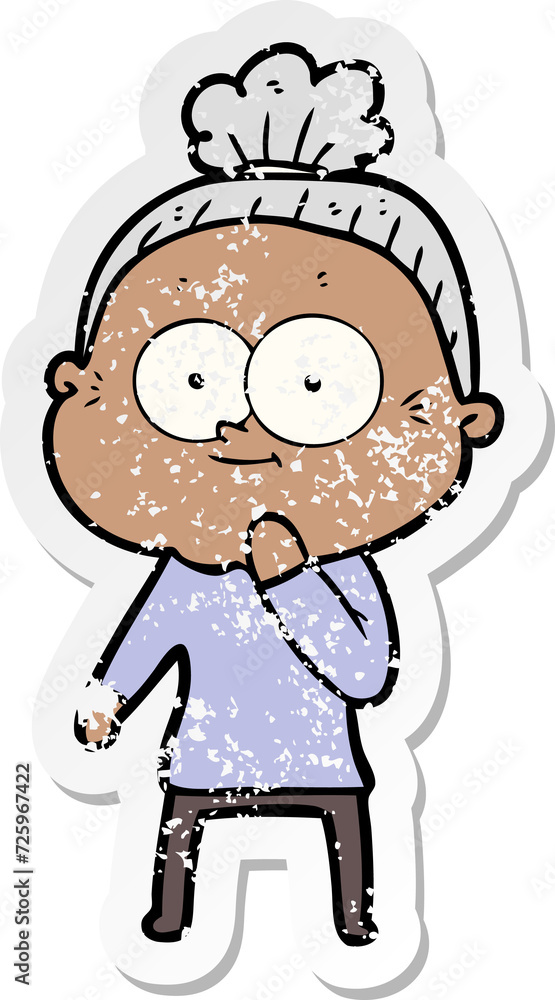 distressed sticker of a cartoon happy old woman distressed sticker of a cartoon happy old woman
