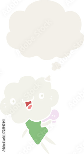 cartoon cloud head creature and thought bubble in retro style