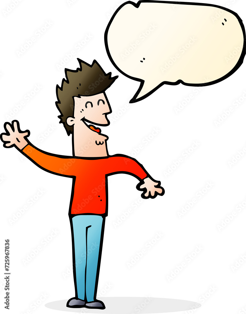 cartoon happy man waving with speech bubble