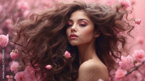 Portrait of beautiful woman with hair flying in the air in serene spring mood with flowers and blossom in background.