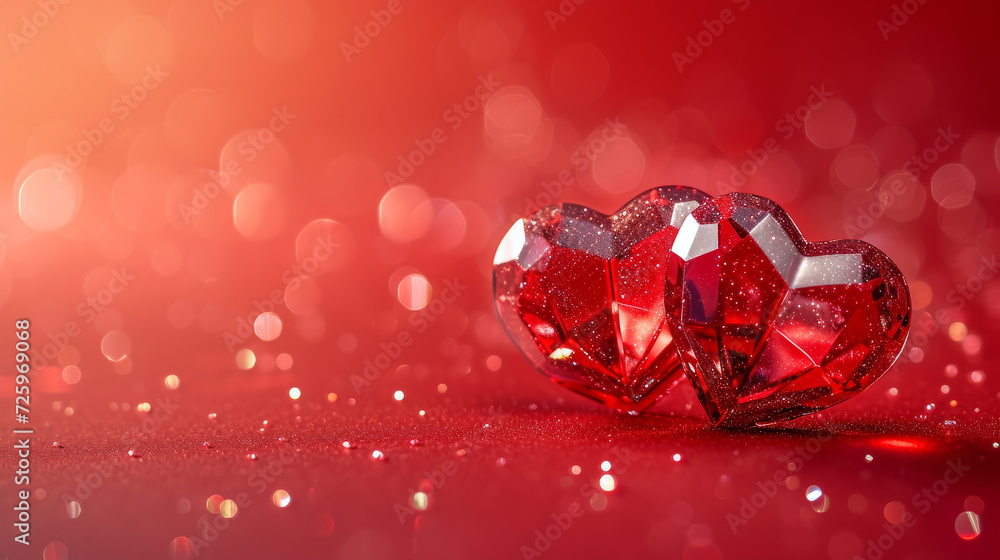 Two heart-shaped diamonds sparkling on vibrant red background. Romantic concept Two heart-shaped diamonds sparkling on vibrant red background. Romantic concept
