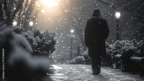 Monochrome illustration of a lonely man walking through a well-lit and well-maintained city park path on a fairy-tale snowy winter night