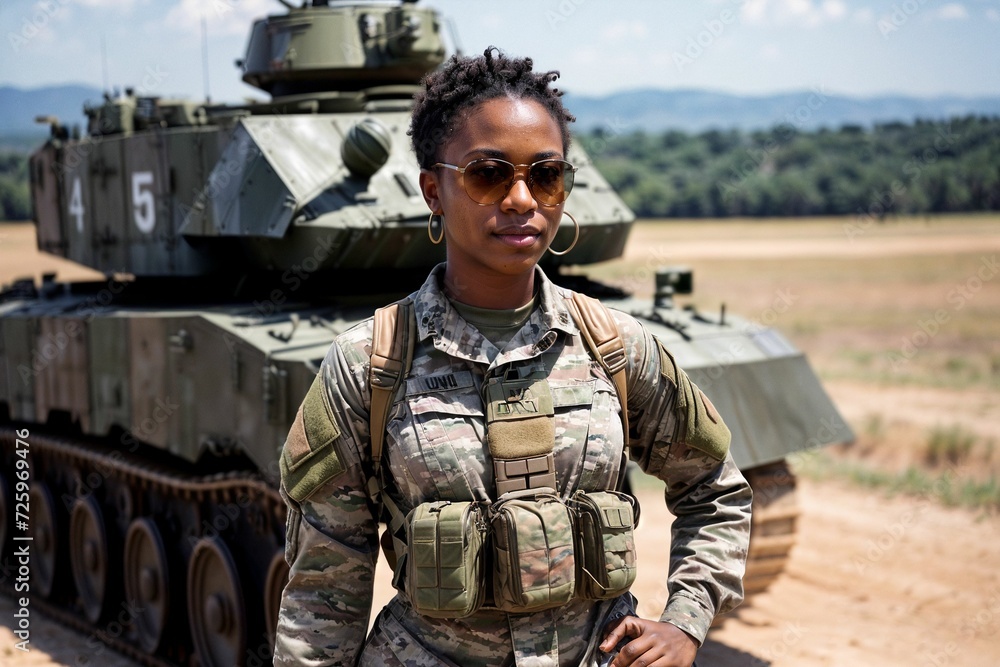 Fototapeta premium A strong and determined soldier girl standing proudly in front of an armored vehicle