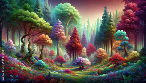 many colorful trees in an magical landscape