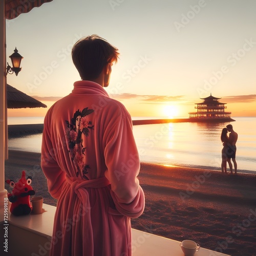 Un homme solitaire regarde la mer, a l arrière plan, des amoureux photo