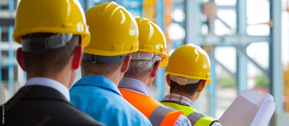 Group of businessmen in hardhats, one holding blueprint, picture Group of businessmen in hardhats, one holding blueprint, picture