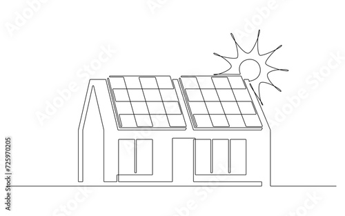 Sun, solar panel, house continuous one line icon drawing. Energy of sun with ecology home power station vector illustration in doodle style. Contour line sign for innovation, environment, renewable
