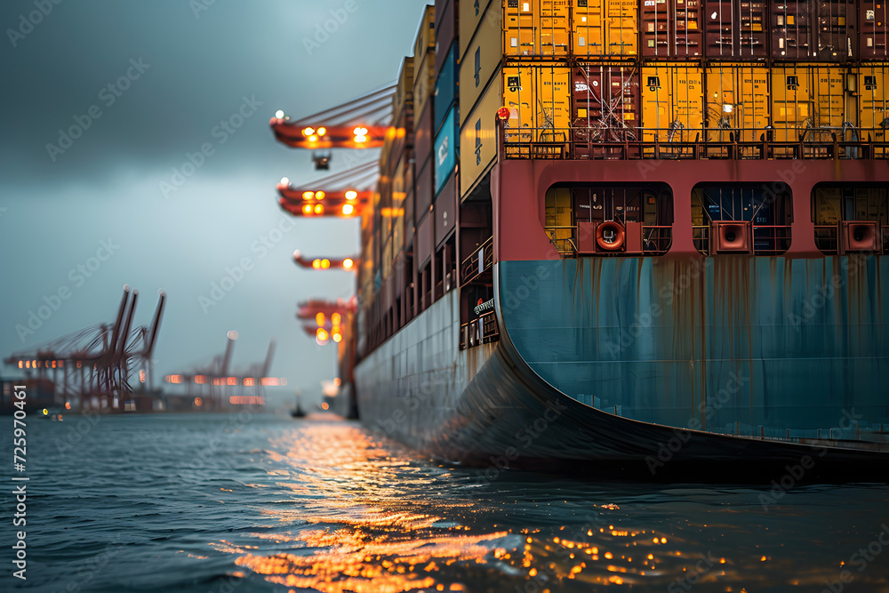 Fototapeta premium Large Cargo Ship in the Ocean at Night
