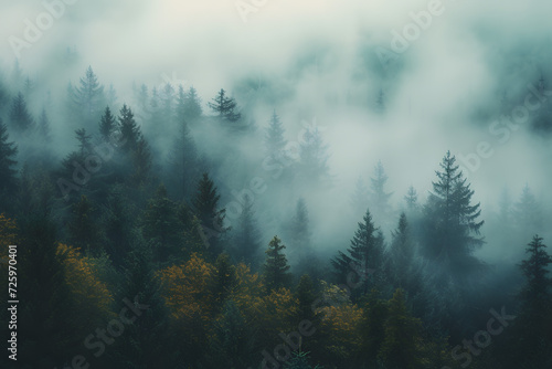 Misty Forest Full of Fog-Shrouded Trees