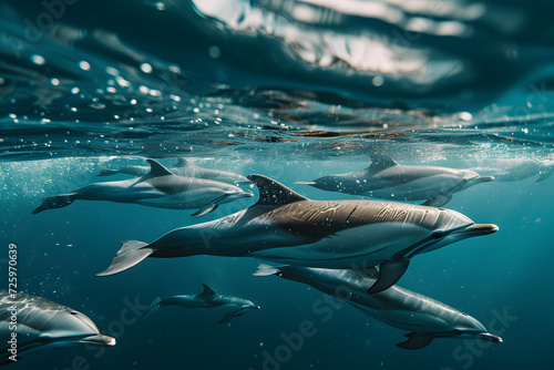 Group of Dolphins Swimming in the Ocean © Ilugram