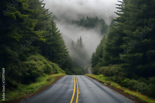 Foggy Road With Trees on Both Sides