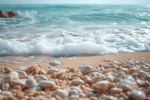 Sandy Beach Blanketed in White Rocks