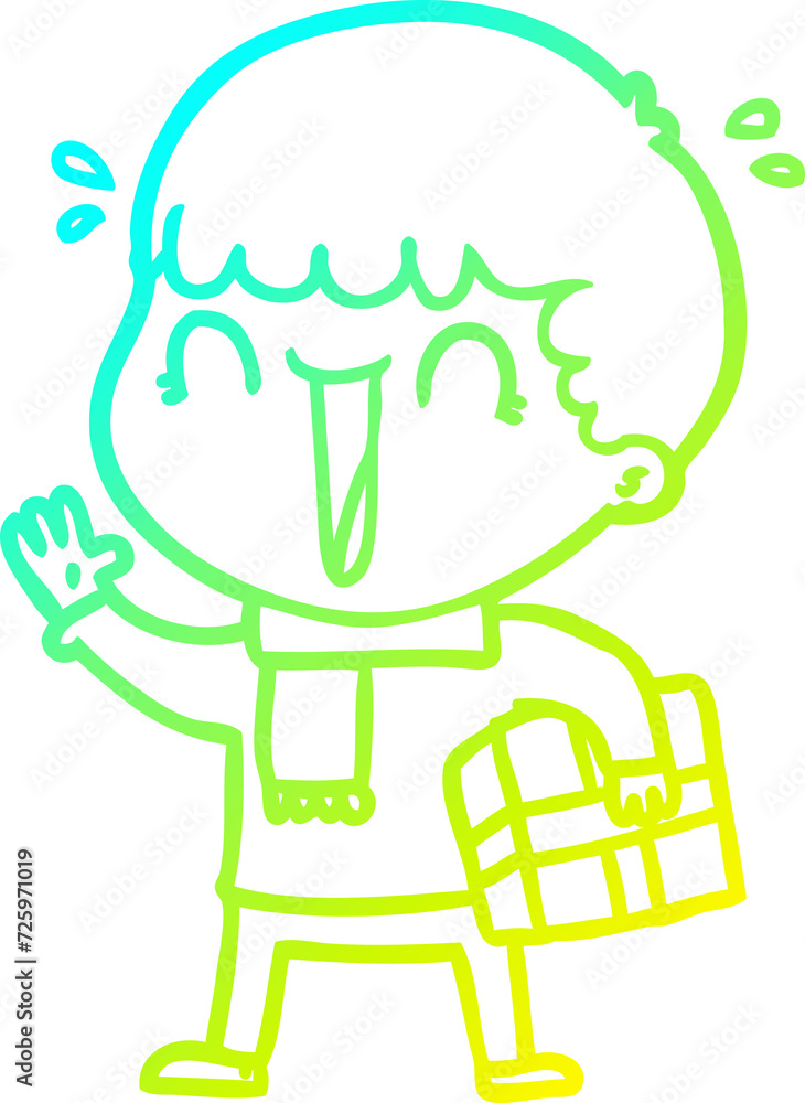 Fototapeta premium cold gradient line drawing laughing cartoon man with present