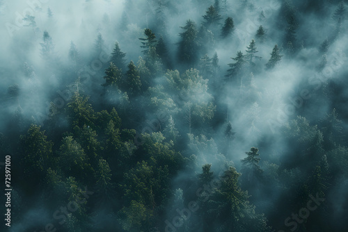 Aerial View of Foggy Forest