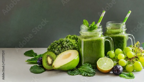 Healthy lifestyle concept. Glass jar with green health smoothie.   Raw food. Vegan  vegetarian  alkaline food concept. Organic vegetables and fruits.