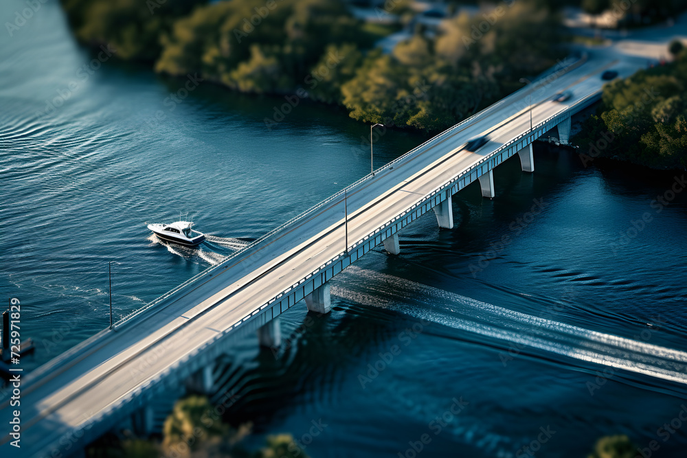 Aerial View of Bridge and Boat on Water
