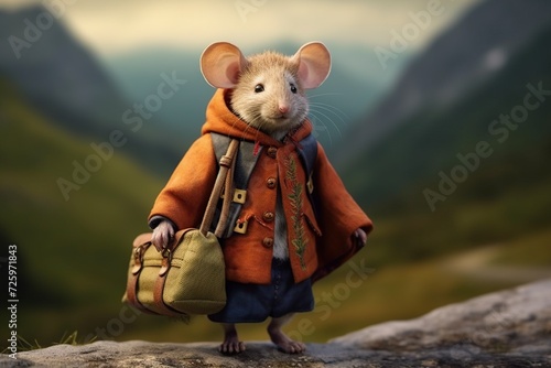 illustration cartoon, a lovely mouse with clothes and a big travel bag